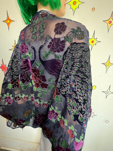Burnout Velvet Peacock Beaded Shawl Cape Witchy Flapper Whimsy Goth Glam