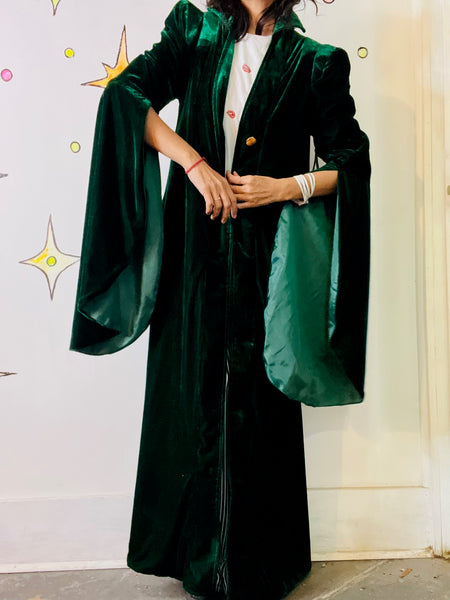 Emerald Green Velvet Goth Robe Witch Sorceress Bell Sleeve Fairy Grunge Goddess