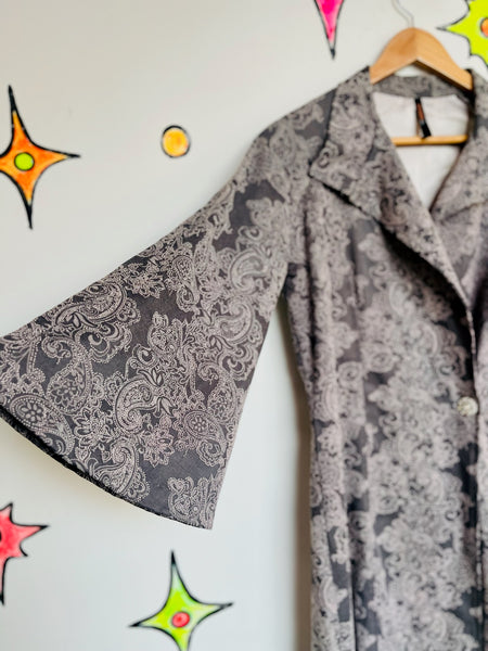 Y2K Silver Paisley Print Coat | Vamp Glam Goth Fairycore Romantic Medium - M