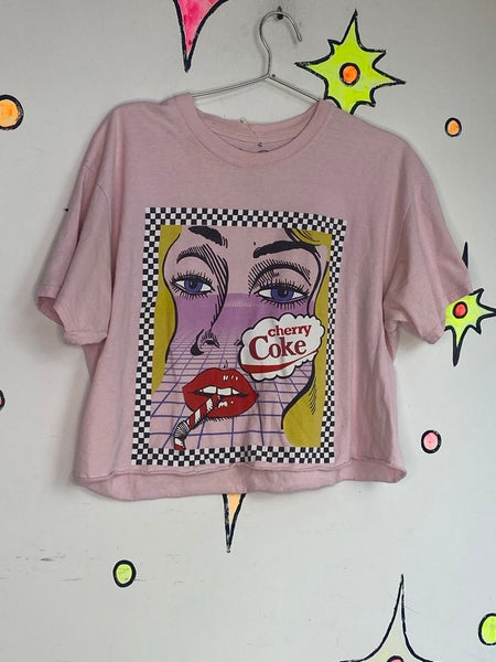 Pink Cherry Coke Crop Top Y2K Pop Art Graphic Tee Retro Coca Cola Shirt L