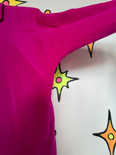 Vintage 80s Hot Pink Silk Blouse Bright Pink Glam Office Siren Top Maximalist M