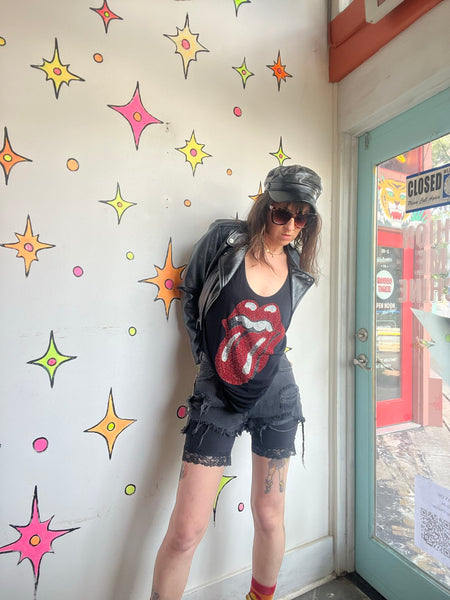 Vintage Rolling Stones Rhinestone Tank | Glam Rock Band Tee Bling Concert Top L