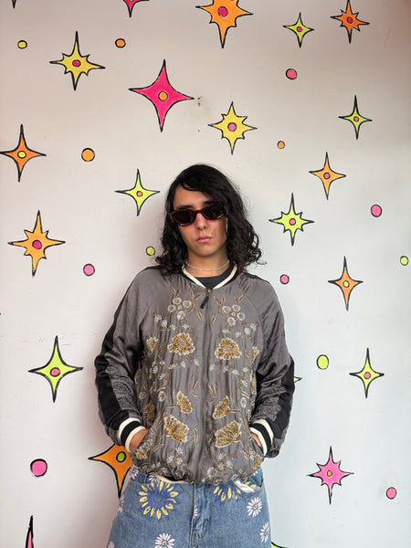 Embroidered Bomber Jacket Japanese Souvenir Jacket Y2K Glam Satin Sukajan S