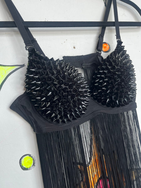 Black Spike Fringe Bra Goth Rave Metal Cosplay Grunge Rocky Horror S