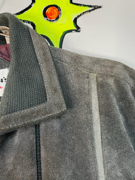 Vintage 90s Gray Suede Leather Bomber Sweater Moto Jacket - Retro Grunge - L