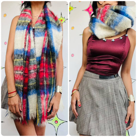 Vintage Oversized Mohair Wool Tartan Scarf | Punk Emo Grunge Plaid Wrap