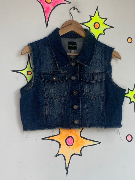 Leopard Print Cropped Denim Vest Y2K Indie Sleaze Grunge Western Top