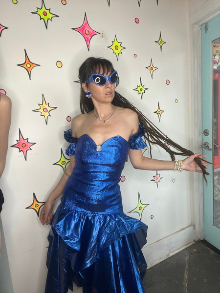 Vintage 80s Blue Metallic Party Dress Glam Poofy Prom New Wave Gown M