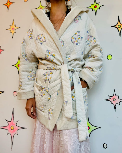Vintage 80s Pastel QuiltedLounge Babydoll Nighty Robe Hooded Cozy Housecoat ML