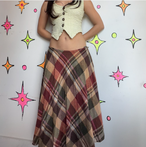 Vintage 70s Plaid Pleated Midi Skirt Wool Tartan Schoolgirl Preppy Academia SM