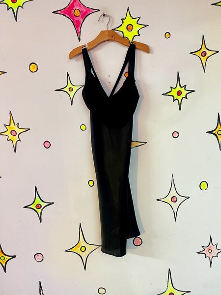Vintage 90s Black Silky Slip Dress Lingerie Vamp Glam Goth Fairy Grunge M/L
