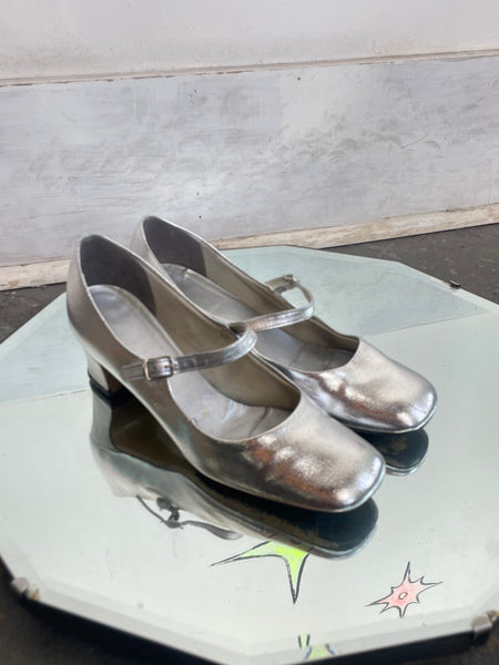 Vintage Silver Mary Jane Heels 20s Revival Flapper Shoes Art Deco Party Pumps 7