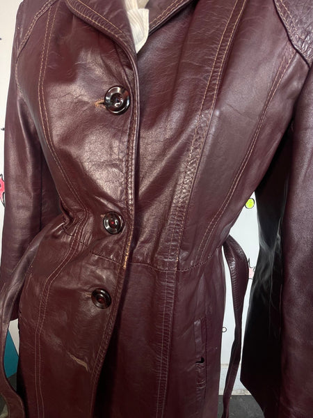 Vintage 70s Cherry Brown Leather Trench Coat Boho Grunge As-Is Distressed M/L
