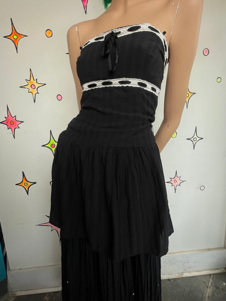 90s Y2K Vintage Black Whimsygoth Babydoll Dress White Lace Trim Lolita Mini S/M