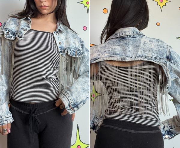 Acid Wash Cropped Denim Jacket | Y2K Bling Western Grunge Jean Jacket Small