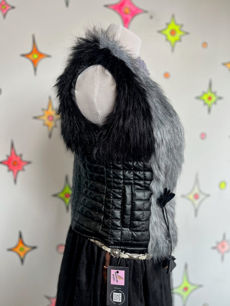 Vintage Y2K Black Vest w Vegan Faux Fur Trim Fairy Grunge Glam | Indie Sleaze S
