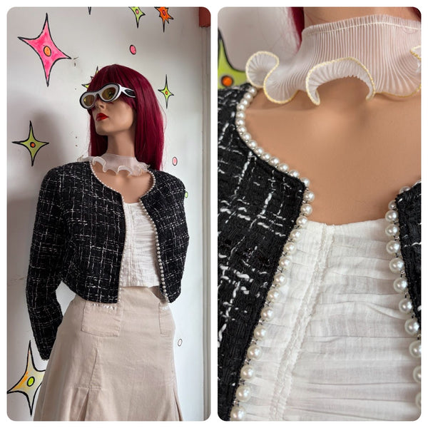 Y2K Tweed Cropped Blazer Black White Faux Pearl Trim Preppy Glam Coquette SM