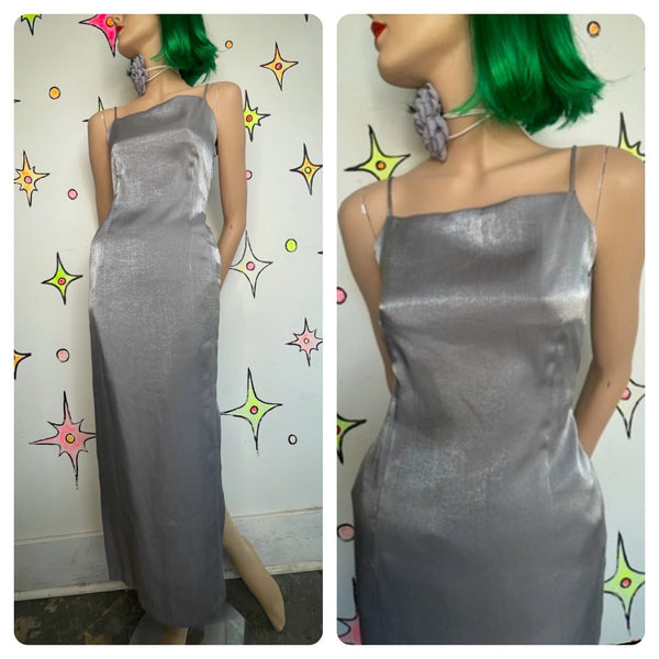 90s Silver Metallic Glam Maxi Dress Side Slit Fairy Grunge Prom Slip Gown S