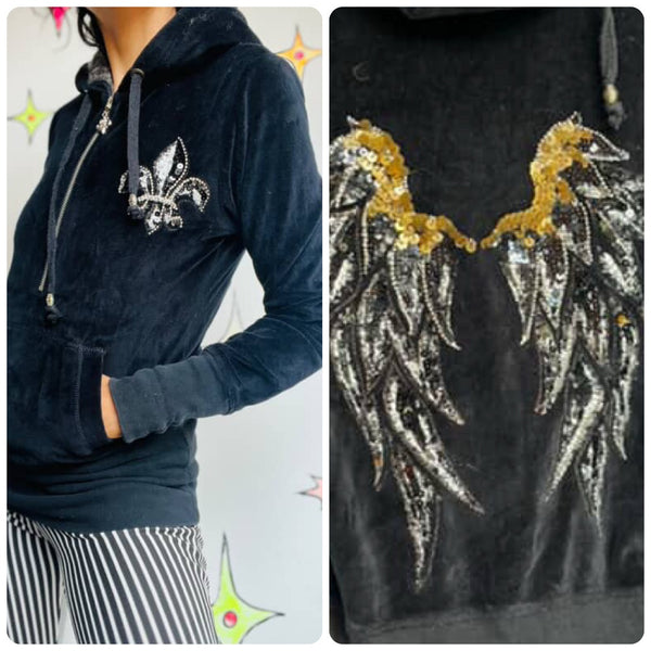 Y2K | Miss Me Fairy Grunge Black Velour Tattoo Print Angel Wing Hoodie | S