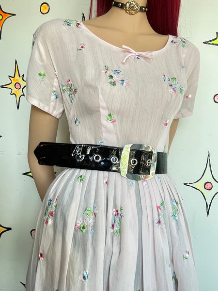 Vintage Pastel Pink Embroidered Babydoll Dress Fit & Flare Kawaii Coquette S