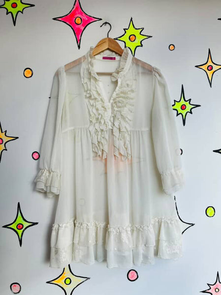 Vintage 90s Y2K Sheer White Ruffle Neck Pirate Victorian Dress Romantic Boho | M