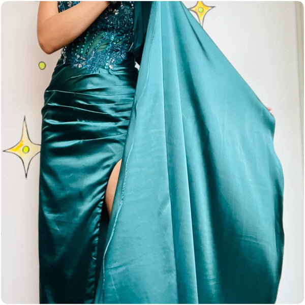 Y2K Teal Mermaid Formal Gown - Adjustable Corset Back Silky Prom Dress Sz 3/4