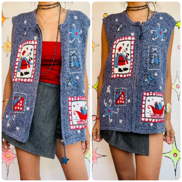 Vintage 80s 90s Ugly Christmas Sweater Santas Vest Blue Zip-Up Holiday Vest | XL