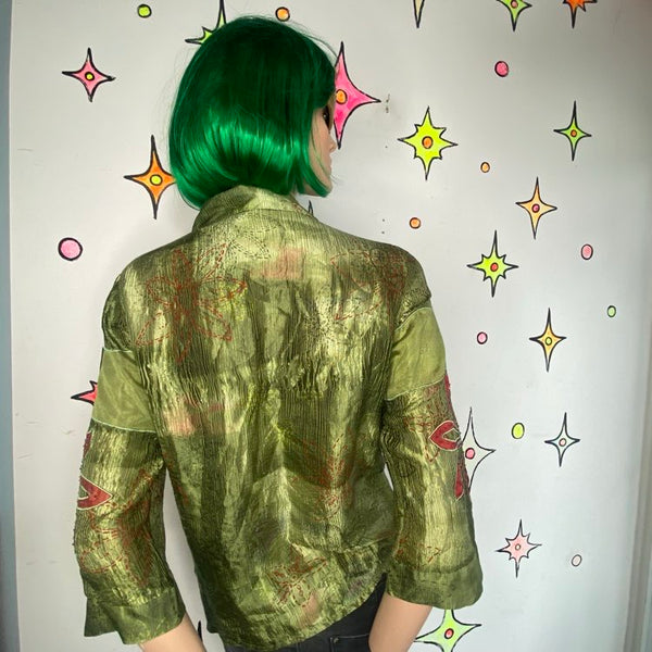 Vintage 90s Silk Crinkle Patchwork Beaded Fairy Boho Blouse Alfred Dunner M/L