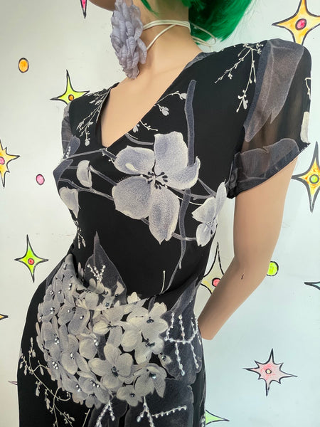 Vintage 90s Y2K Black Whimsy Goth Fairy Grunge Patchwork Floral Maxi Dress - L
