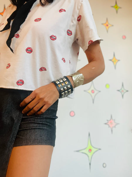 Vintage Black Vegan Leather Pyramid Studded Embellished Leather Punk Bracelet