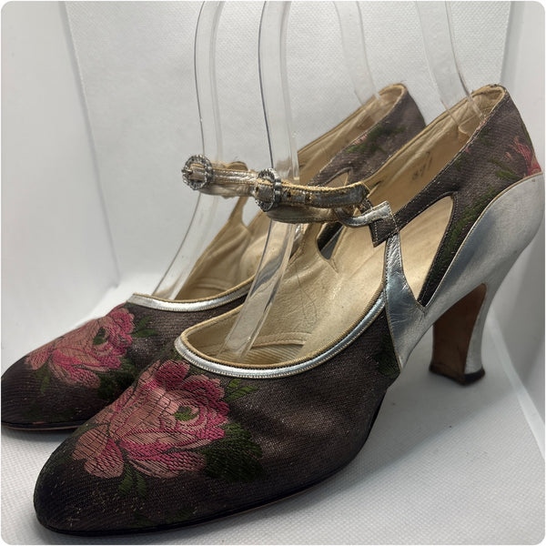 Antique 1920s Art Deco Floral Brocade Silver Lamé & Leather Mary Jane Heels – 6