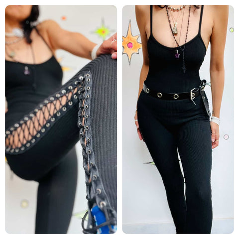 Y2K Black Ribbed Lace Up Cat Woman Stretch Catsuit Fairy Goth Layering Piece SM