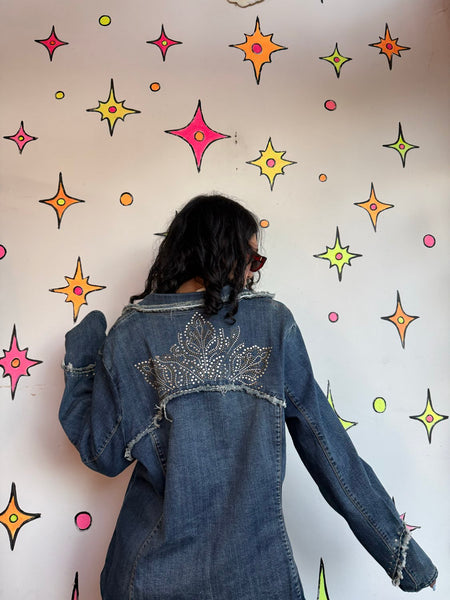Studded Denim Western Blazer | Frayed Cowgirl Rodeo Jacket Oversized XL