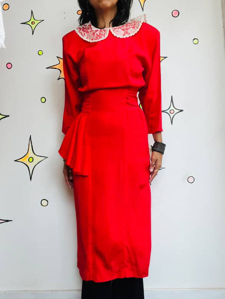 Vintage 80s Secretary Dress - NWT - Babydoll Grunge Cherry Red - Lace Collar - S