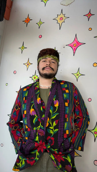 80s Floral Wearable Art Blazer | Avant Garde Multicolor Statement Jacket – Large