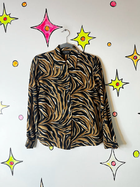 90s Liz Claiborne Silk Animal Print Tiger Stripe Long Sleeve Glam Blouse - Small