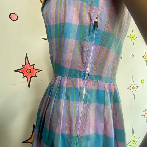 Vintage 50s Pastel Plaid Midi Dress Handmade Cotton Rockabilly Pin Up - Small