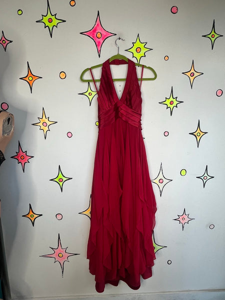 Y2K Red Silk Halter Fairy Princess Prom Dress Silk Halter Gown BCBG Max Azria XS
