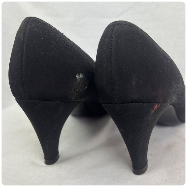 Vintage 1950s Black Glam Witchy Satin Rhinestone & Lace Embellished Heels - 8.5-9