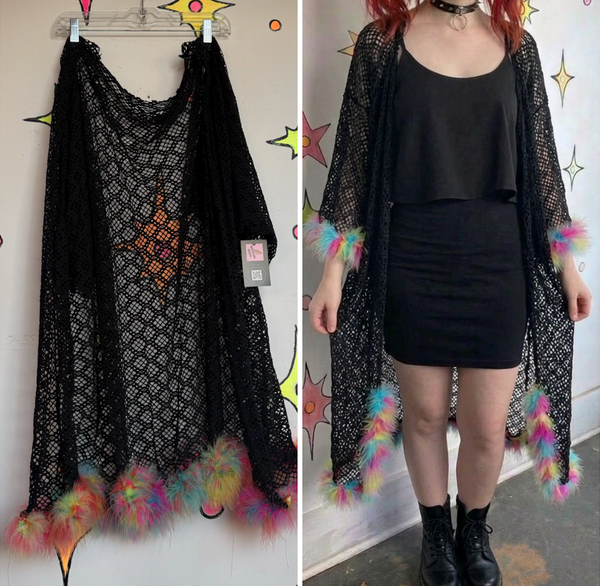 Y2K Rainbow Feather Trim Kimono Rave Cyber Grunge Japanese Streetwear