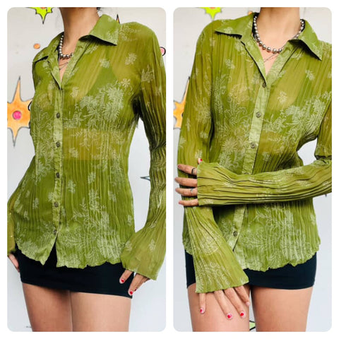 Vintage 90s Y2K Sheer Green Long Sleeve Fairy Grunge Whimsy Boho Blouse - M