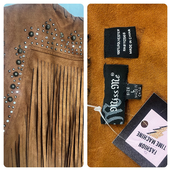 Vintage Y2K 00's | Faux Suede Fringe Rhinestone Vest Cowgirl Biker Western | L