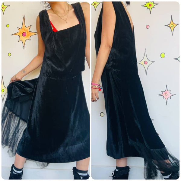 Antique Black Velvet Drop Waist Dress Witchy Gothic Asymmetrical Hem 1920s L