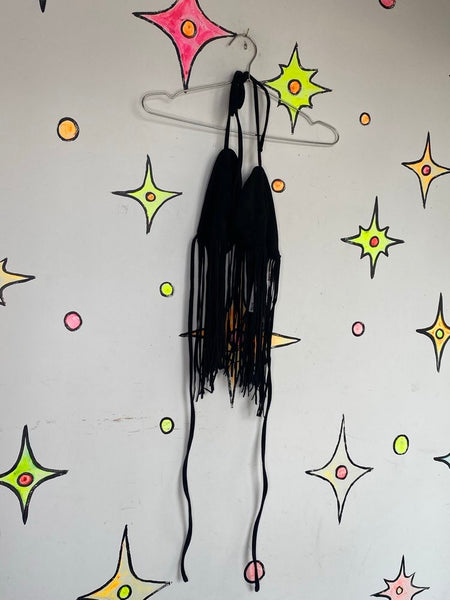 Y2K Faux Suede Western Cowgirl Goth Fringe Top Black Halter Grunge Biker Glam M