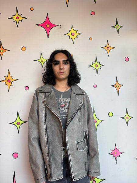 Y2K Distressed Vegan Leather Jacket | Grunge Goth Cyber Punk Rocker Jacket L
