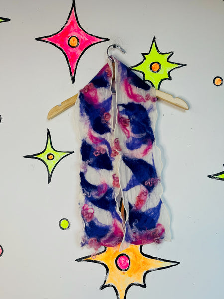 90s Nuno-Felted Abstract Art Scarf – White, Purple & Pink Fuzzy Fairy Grunge