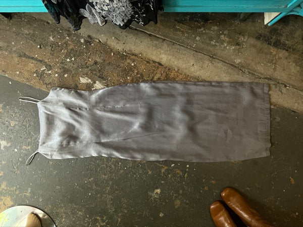 90s Silver Metallic Glam Maxi Dress Side Slit Fairy Grunge Prom Slip Gown S
