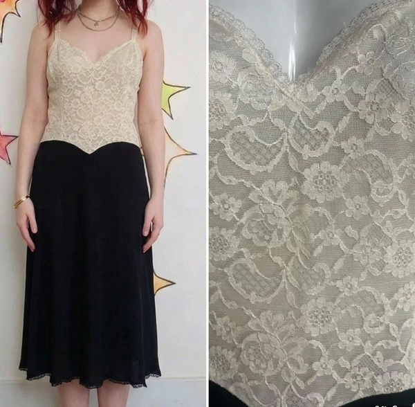 Vintage 1950s 60s | Black and White Lace Fairy Babydoll Pin Up Lingerie Slip 38