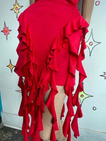 Cherry Red Frilly Asymmetrical Handkerchief Hem Dress Siren Glam Fairycore S