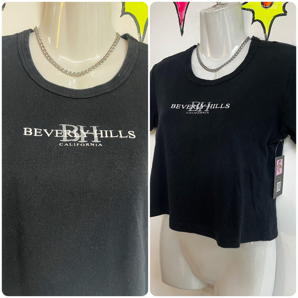 Vintage 90s Y2K | Black Beverly Hills Souvenir Crop Top T Shirt Cropped Tee | M